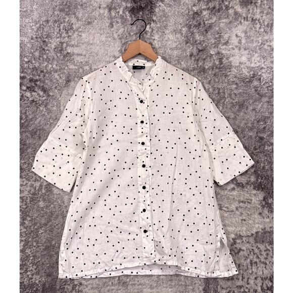 Lisa Bayne Top XS Womens Polka Dot Linen Short Sleeve Button Tunic - Picture 1 of 8
